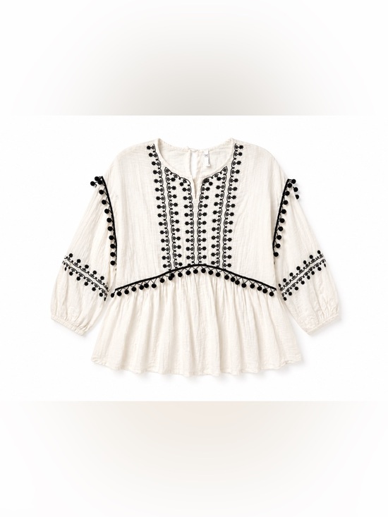 Zara Tops - Zara Trafaluc Boho Embroidered Blouse | Pom Trim Peplum Top | Size L